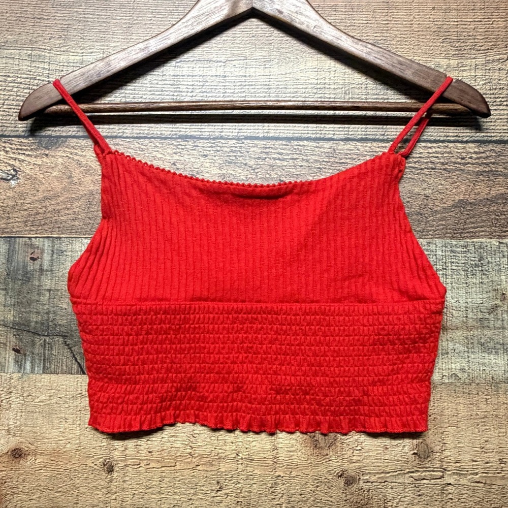 Cotton On Womens Red Ribbed Smocked Crop Cami Top Adjustable Straps Large